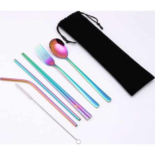 Eco-friendly Portable Tableware 7 Pcs Set 304 Stainless Steel Spoon Chopsticks Set Straw Combination Stainless Steel Straw Fork