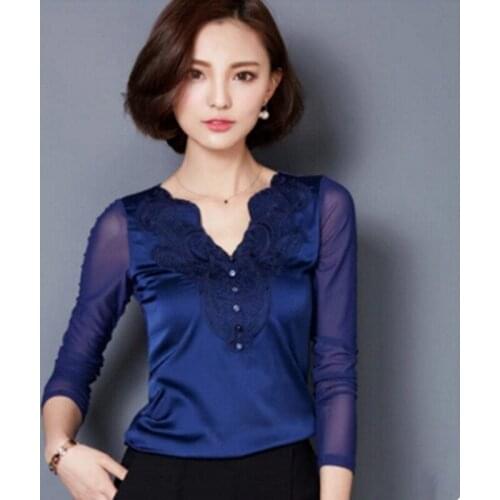 Summer women Lace blouses new casual chiffon silk blouse slim Long sleeves V-neck blusa feminina tops shirts solid 4 color