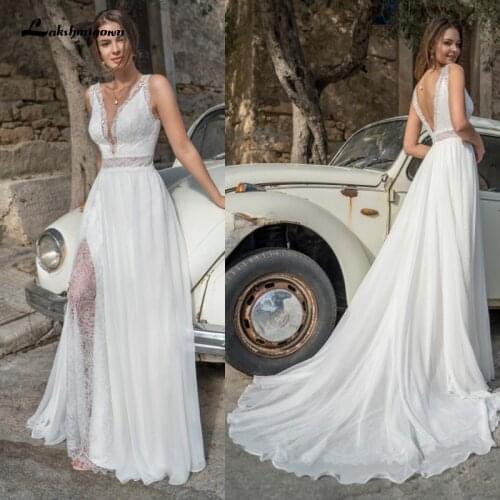 Ivory Bohemian Side Split Lace Bridal Dress Summer Wedding 2021 Sexy Lace V neck A Line Wedding Gown Vestido Playero