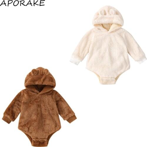 2021 0-24M Winter Fall Infant Baby Girl Boy Fur Playsuit Solid Color 3D Ears Hooded Long Sleeve Round Neck Romper Jumpsuit