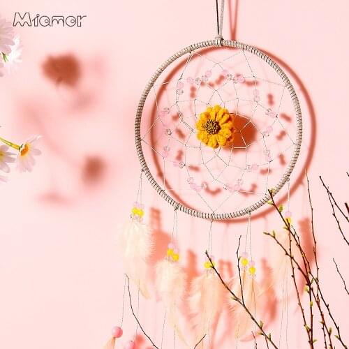 MIAMOR Pink Dreamcatcher With Yellow Flower Nursery School Kid Bedroom Wedding Home Wall Hanging Decor Accessories Craft Amor159