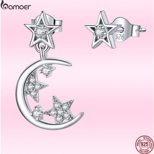 Bamoer GXE813 Silver Earrings Shiny Star-Moon 925 Sterling Silver Brilliant Zirconia Starry Night Stud Earrings Women Jewelry