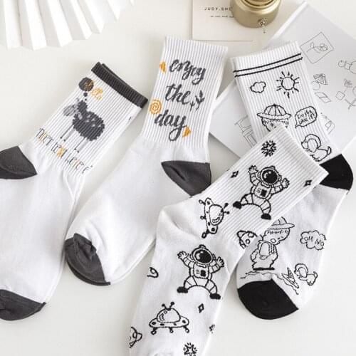 Unisex Socks Men Women Cotton Cartoon Pattern Hip Hop Short Breathable Mid Tube Crew Socks Skateboard Socks White Soft Long Sock