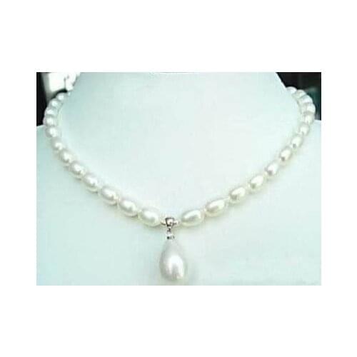 JEWELRY WHITE PEARL NECKLACE & PENDANT 17.5" +gift
