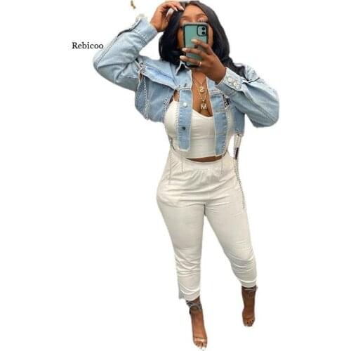 Sexy Women Ripped Denim Coat Fashion Asymmetric Short Jeans Women Jacket Long Sleeve Backless Chains Cropped Coat Streetwear New