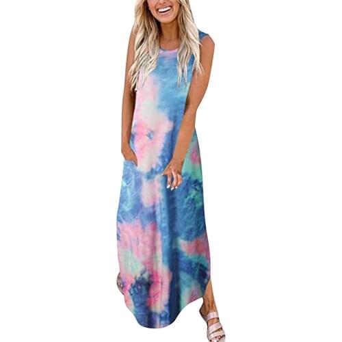 Boho Tie dye Printed Maxi Dress Sexy Sleeveless Tank Sundress Vintage Vestidos Summer Hippie Beach Casual Loose Women Dresses