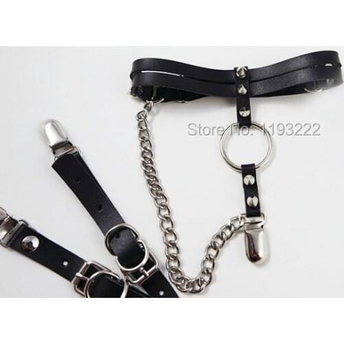 Punk Rock Dark Handmade Double Row Leather Garter Belt O Round Rivets Flower Leg Ring Thigh High Sock Garter with Chain