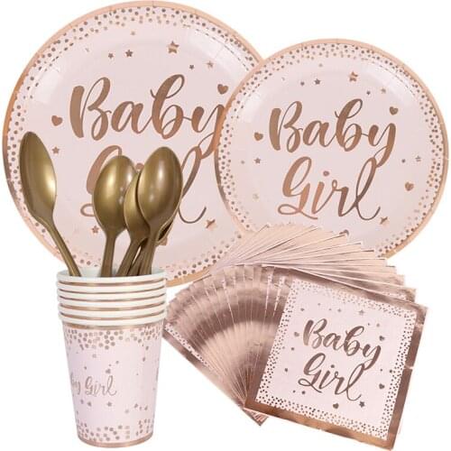 10/20Pcs Rose Gold Baby Girl Birthday Party Disposable Tableware Supplies Paper Cups Plates Napkins Wedding Baby Shower Decor