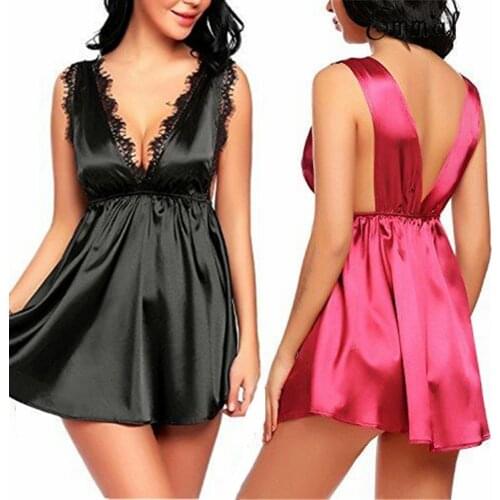 Sexy Night Dress V Neck Sleepshirt Plus Size Sleepwear Satin Nightgowns Lace Up Lingerie Temptation Underwear Nightdress