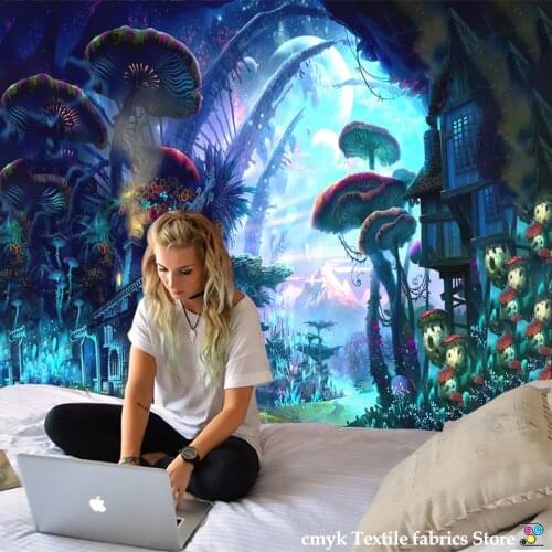 Fairytale Dreamy Tapestry Wall Hanging Psychedelic Carpet Huge Mushroom Castle Witchcraft Hippie Kids Room Decor