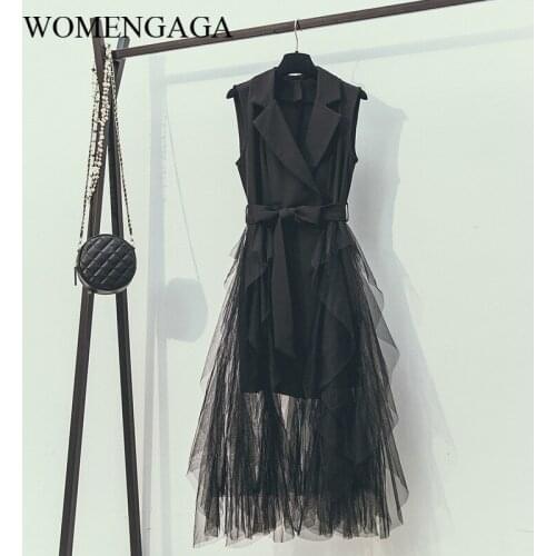 High OL street Mid-length blazers style Dress for Female Slim patchwork mesh sleeveless long dress with belt D6ZI