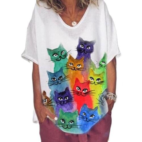 Fashion Top Womens Tops Cats Print Casual Tees Loose Tshirt V-neck Short-sleeved T-shirt Summer 2021 White Green Gray T-shirt