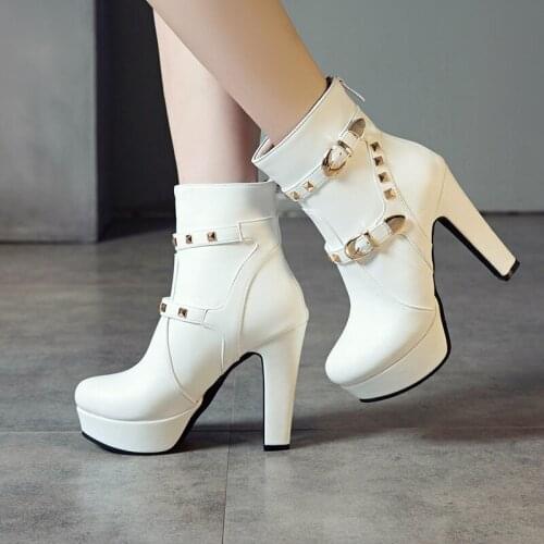 YMECHIC Big Size Fashion White Yellow Red Black Platform High Heels Ankle Boots Buckle Studded Ladies Bride Wedding Shoes Bootie