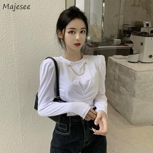 T-shirts Women Elegant Long Sleeve Around Neck Pleated Design Chains Trendy Slim All-match Female Fashion Tees Ulzzang Clothing