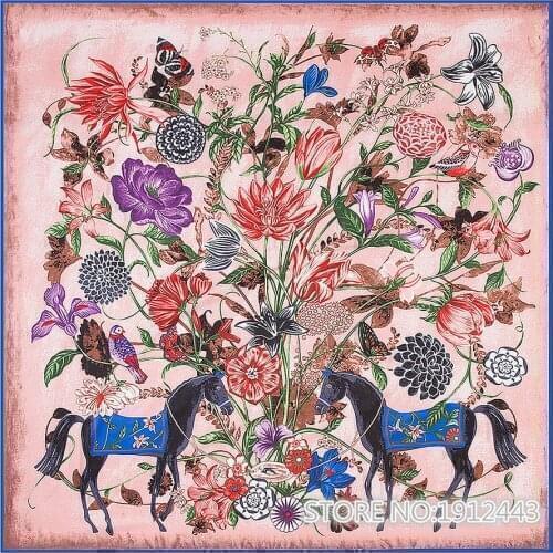 130*130cm Women Fashion Twill 100% Silk Euro Brand Animal Hand Oil Painting Ink Horse Square Scarf Horse Print Hot Femal Wrap