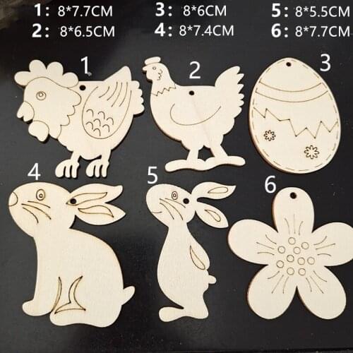 60pcs Set 6 style Wooden Embellishments Egg Bunny Cock FLower Shape Hanging Ornaments Easter Party Decorations