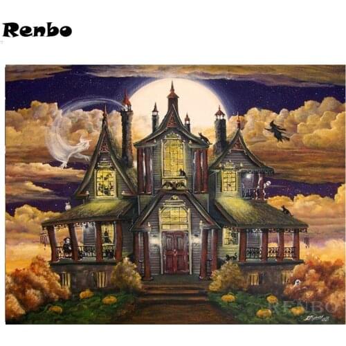 Full round daimond painting with square rhinestones diy diamond embroidery Halloween Witches House diamond mosaic full layout