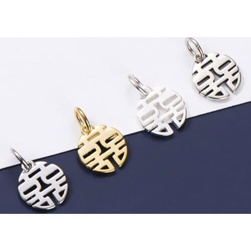 925 Sterling Silver Hollow Out Chinese Happiness Couple Charms 4 Colors S925 Silver Fine Necklace Pendant DIY Jewelry Findings