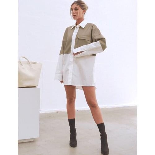 Mnealways18 Patchwork PU Leather Blouse Women Loose Pocket Cotton White Long Shirt Female Casual Blouses And Tops 2020 Fashion