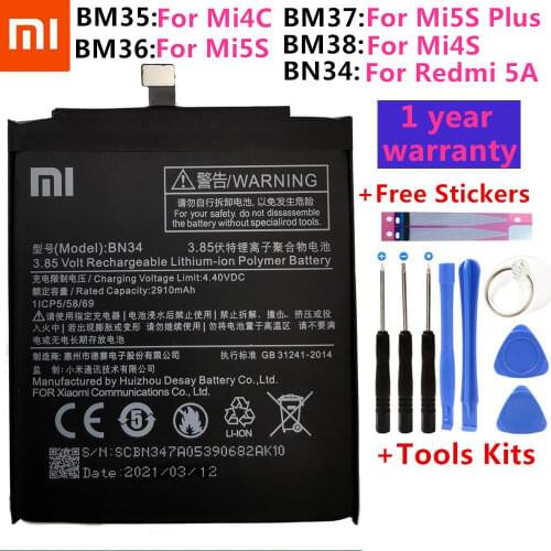 BM35 BM36 BM37 BM38 BN34 Battery For Xiaomi Redmi 5A 5.0" Mi 4C 5C 4S 5S Plus Mi4C Mi5S Mi5C Replacement Lithium Polymer Bateria