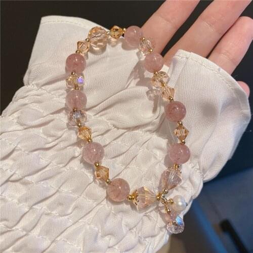 Sweet Natural Freshwater Pearl Pink Strawberry Crystal Stone Beaded Strand Bracelets for Women Girls Fashion Jewelry YBR453