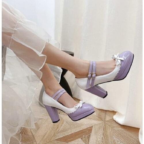 ZawsThia 2021 Patent PU Leather Yellow Purple Patchwork Brogue Design Womans Mary Janes Shoes Platform Block High Heels Size 48