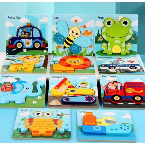 Montessori Wooden Cartoon 3D Puzzle For Kids Educational Children Toys Car Animals Learning Cognition Jigsaw Puzzle For Toddler