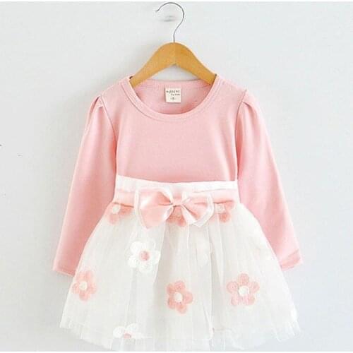 Toddler Kids Solid Lovely Dress Baby Girls Long Sleeve Tulle Patchwork Suit Flower Bow Dresses Children Newborn Party Clothing