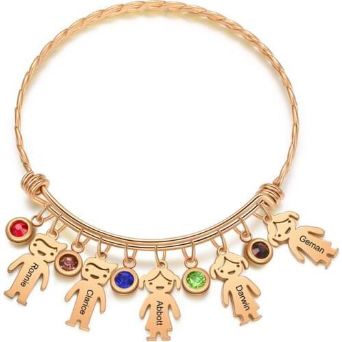 Hiyong Custom Open Bangle Birth Stone Custom Name Bangle Girl Boy Name Bangles Fathers Day Gifts Zirconia Adjustable Bracelets