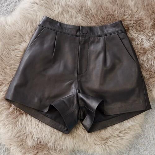 Genuine Sheepskin Leather Shorts for Women Summer 2021 Female High Waist Short Wide Leg Womens Shorts Ropa Mujer Zjt2475