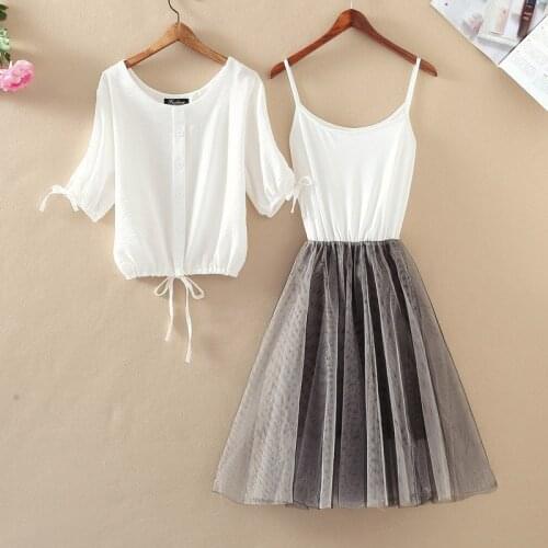 Fashion Summer New Two Pieces Sets Women Lantern Sleeve Cotton Bow Tie Blouse Shirt Top + Midi A Line Mesh Spaghetti Strap Dress