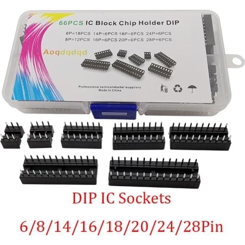 66Pcs/Box DIP IC Sockets Connector Kit Solder Type DIP Female Socket Set 6P/8/14/16/18/20/24/28 Pin PCB Terminal IC Jack Adapter