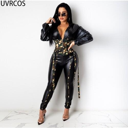 UVRCOS PU Material Birthday Outfits For Women One Piece Sexy Mujer Sashes Jumpsuit 2021 Fashion Overalls Elegant Ladys Clothing