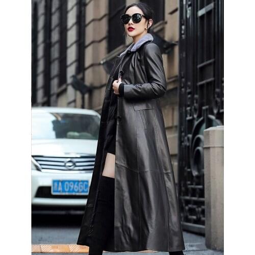 Mink Collar Leather Down Jacket Womens Over Knee Slim Long Haining Sheepskin Coat 2021 Winter New