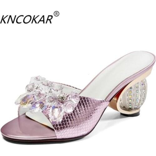KNCOKAR2018 Half drag crystal shoe summer new water drill a word drag real leather inside tall and cool slippers fish mouth thic