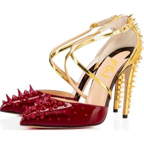 Moraima Snc Red and Gold Stiletto Heels Cross-over Strap Closed Toe Sandals with Rivets Sexy Thin Heels Dress Shoes