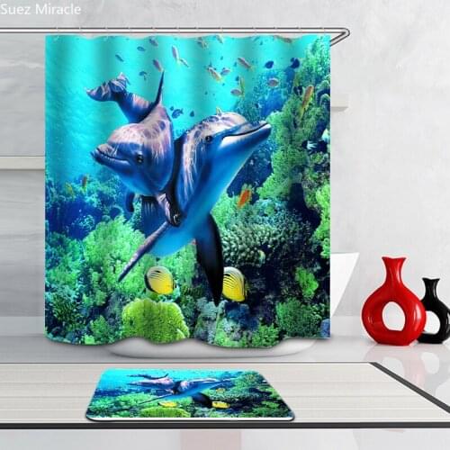 Marine animal world Dolphin tropical fish Coral reef Shower curtain