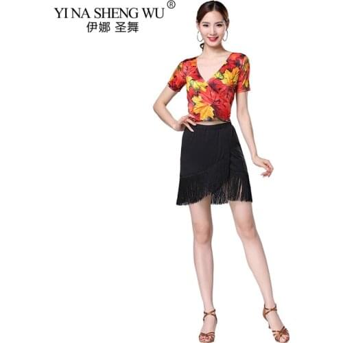 Latin Dance Clothes V-neck Qmilch Tassel Suit Dance Performance Practice Costume Female Adult 2pc Set Maple Leaf Top Skirt Black