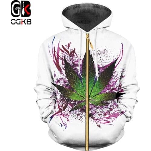 OGKB Hot Sale Women/Mens Print Leaves Flower Hoodies Jacket Fashion Zip Hoodie Casual Slim Hoody Sweatshirt Sportswear