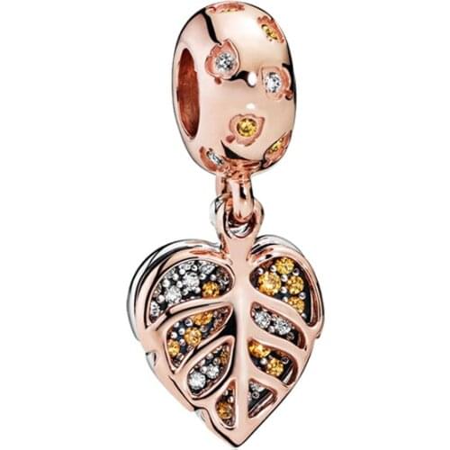 Yellow Clear Crystal Rose Maple Leaf Pendant Fit Original Pandora Charms Bracelet Hollow Vein Leaves Beads DIY Jewelry for Women