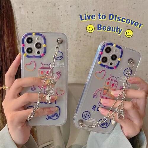 Shockproof Wrist Chain Clear Phone Case for iPhone 12 Pro Max 7 8 Plus XR X Cute Flower Crystal chain Hanging Case for iPhone 11