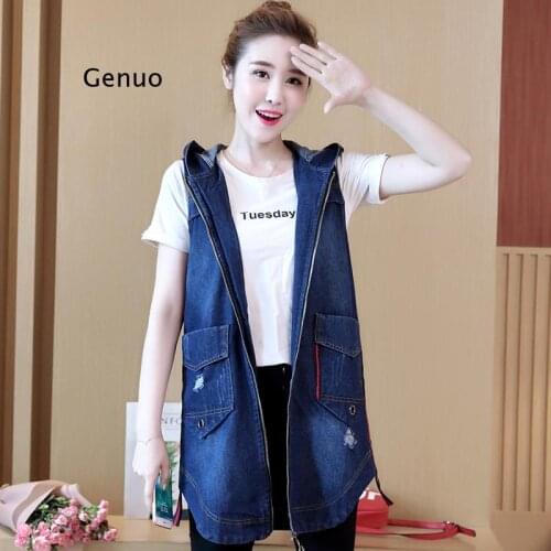 Plus size women denim vest cotton long jackets sleeveless jeans casual vest
