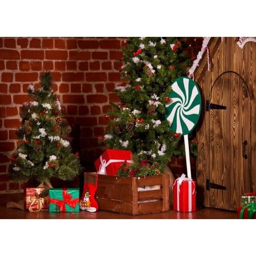Christmas tree grand gift red brick wall photography background Christmas photo photography background
