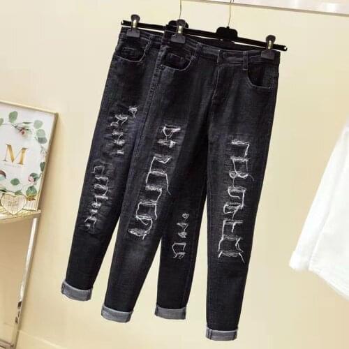 Fat-plus-size ripped jeans womens high-waisted slim fashion pencil pants comfortable womens small feet pants