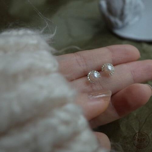 925 Sterling Silver Simple Pearl Plating 14K Gold Stud Earrings Women Vintage Temperament Mother Day Jewelry Girlfriend Gift