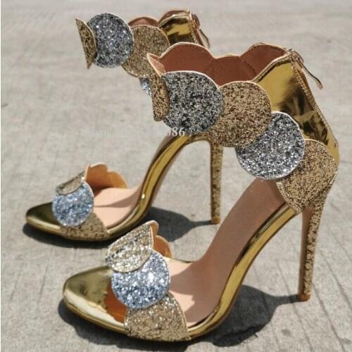 Gold Silver Bling Women Sandals New Fashion Design Mixed Color Stiletto Heel Dress Sandals Shoes Lady Real Photo Party High Heel