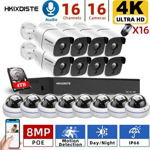 16CH 4K POE NVR CCTV Security System 8MP Audio WaterProof Outdoor Ip Bullet Dome Day&Night Vision Camera Video Surveillance Set
