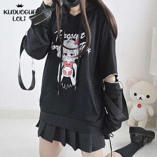 Oversized Hoodie Sweatshirt Girls Women Black Openable Long Sleeve With Zipper Cool Dark Style Stitching Halloween Devils Gift