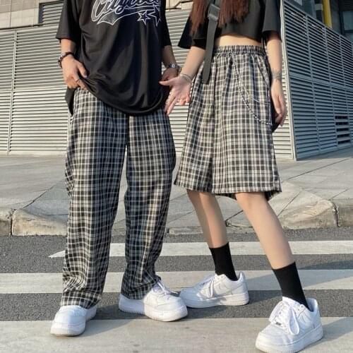 Vintage Plaid Pants for Women 2021 Japanese Fashion Trends Couple Clothing Teenage Baggy Cargo Shorts Harajuku Loose Streetwear