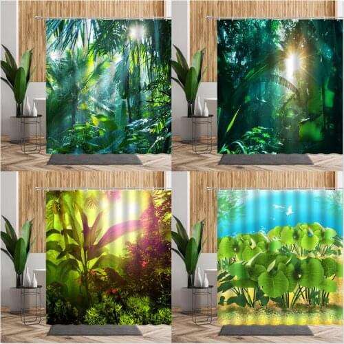 Green Jungle Tropical Forest Bathroom Shower Curtain Palm Trees Rainforest Bathtub Screen Decors Waterproof Fabric Bath Curtains